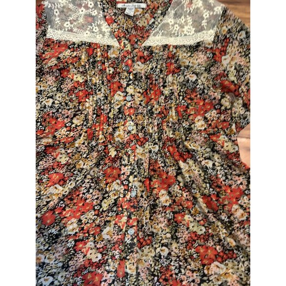 American Rag Cie Plus 2X Floral Boho Peasant Blouse Sheer Lace Yoke Button Front - Picture 11 of 15